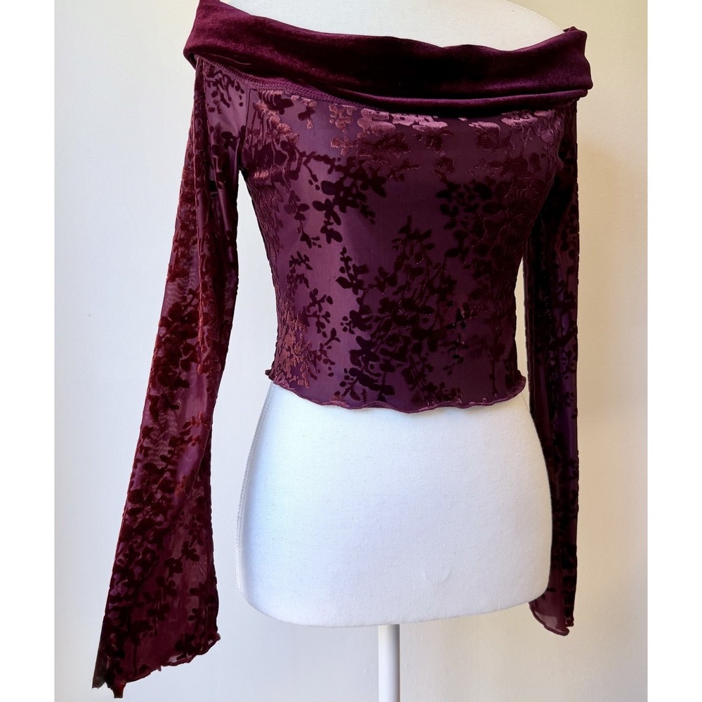 Cider Velvet Burnout Off The Shoulder Top Small Burgundy Crop Party Y2K